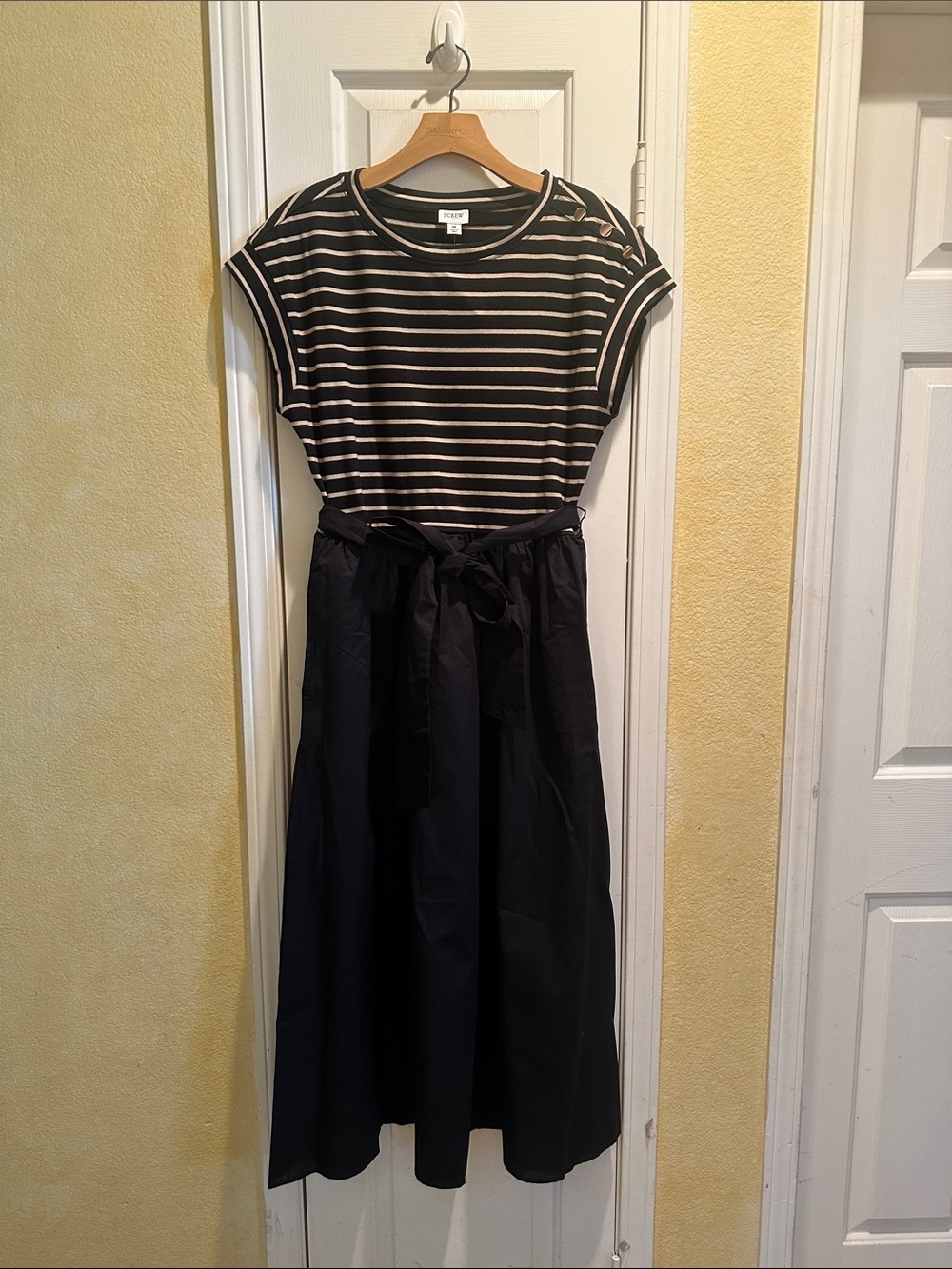 J. Crew Black & Tan Striped Midi Dress with Waist Tie